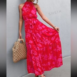 Shein S New Red Pink Halter Maxi Dress Belted Romantic Brunch Summer Beach Crew